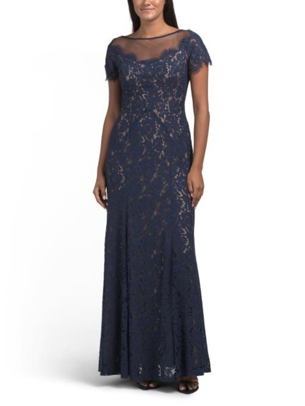 RENE BY RENE RUIZ Short Sleeve Lace Illusion Gown